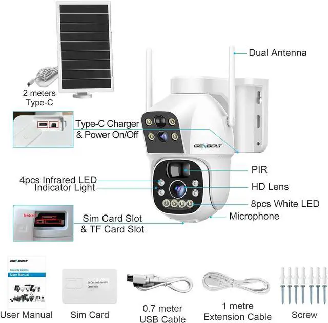 Alt view image 6 of 7 - GENBOLT 3G/4G LTE Cellular Solar Security Camera Outdoor Wireless, 8W 15600mAh Battery Operated Surveillance IP Camera No WiFi, Dual Lens Spotlight CCTV System with SIM Card
