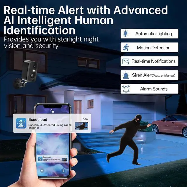 Alt view image 3 of 7 - 2K Wireless Security Cameras Outdoor, Battery-Powered Cameras with AI Motion Detection, Color Night Vision, Spotlight, 2-Way Talk, Siren Alarm, IP65,Cloud/SD Storage for Home Security 2pack