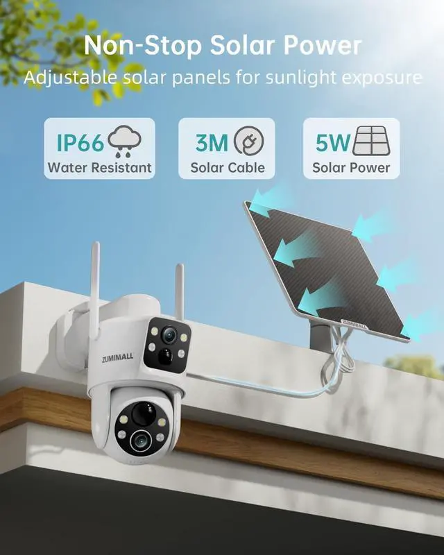 Alt view image 3 of 7 - ZUMIMALL Security Cameras Wireless Outdoor with Dual Lens, 360° PTZ Solar Camera for Home Security, Clear Color Night Vision/AI Detection/2-Way Talk/2.4GHz WiFi/Siren & Light Alarm/IP66/Cloud/Alexa