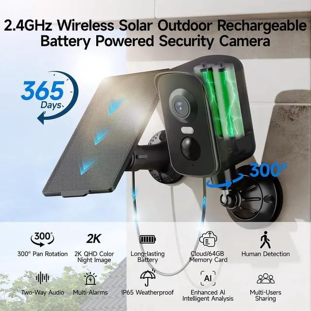 Alt view image 2 of 7 - Security Camera Wireless Outdoor, 2K Pan Rotating 300° Solar Panel Battery Powered WiFi Camera with PIR Human Detection, Color Night Vision, 2-Way Audio, Alarm, Cloud/64GB Memory Card Storage
