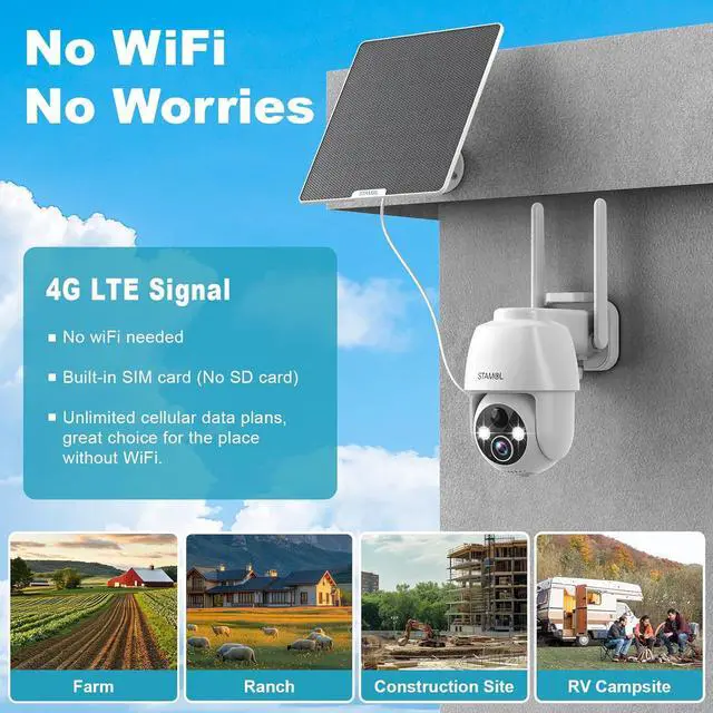 Alt view image 2 of 7 - 4G LTE Cellular Security Camera, No WiFi Solar Powered Wireless Outdoor Camera with Built in SIM Card, 2K Color Night Vision, 360° Full View, PIR Motion Detection & Siren, 2 Way Talk