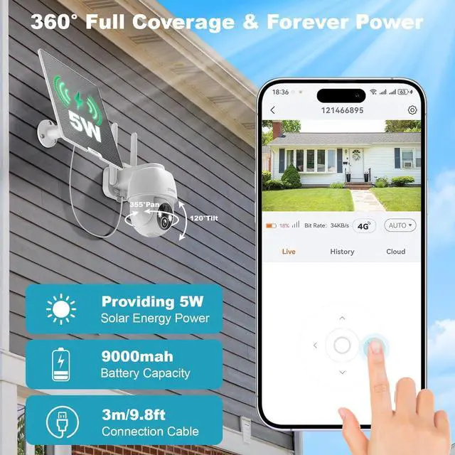 Alt view image 3 of 7 - 4G LTE Cellular Security Camera, No WiFi Solar Powered Wireless Outdoor Camera with Built in SIM Card, 2K Color Night Vision, 360° Full View, PIR Motion Detection & Siren, 2 Way Talk