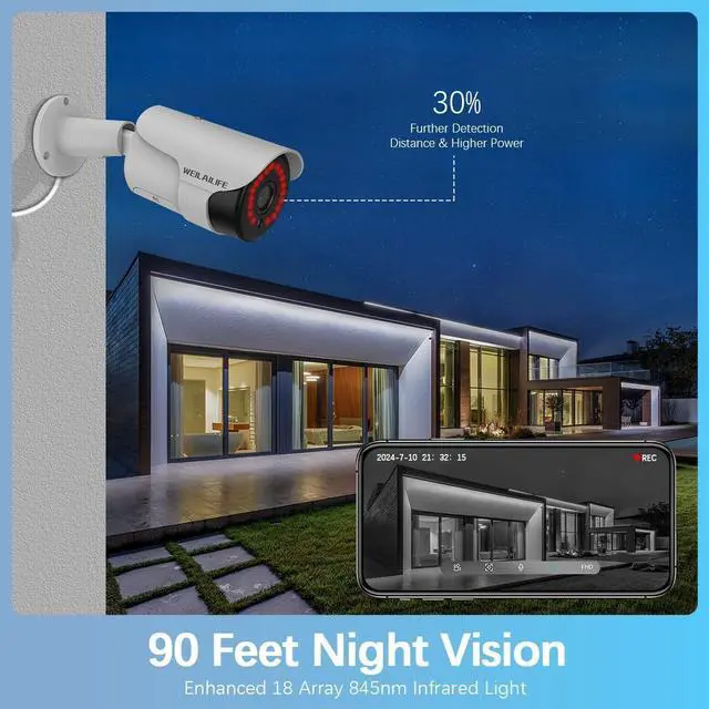 Alt view image 4 of 7 - Gadpiparty WEILAILIFE 90ft Super Night Vision & 130°Ultra Wide-Angle 2-Way Audio 5.0MP Outdoor Wired Extended Security Camera, Bullet Exterior Surveillance, Home Video Surveillance & Security Camer