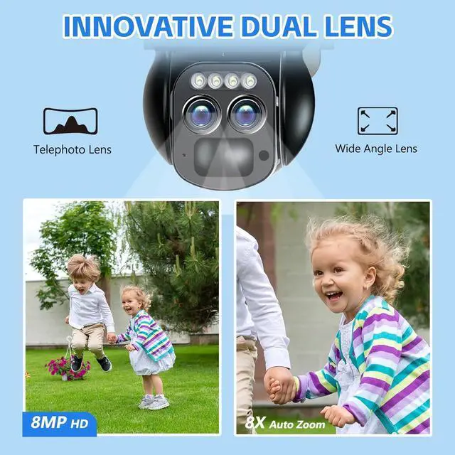Alt view image 2 of 7 - 4K Solar Security Cameras Wireless Outdoor with Dual-Lens,360°PTZ Battery Powered Cameras for Home Security Outdoor,8MP Color Night Vision,PIR Sensor,Auto Tracking,Spotlight/Siren,Alexa,2.4/5Ghz,IP66