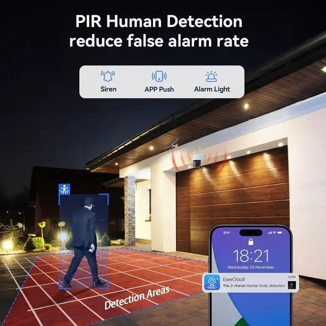 Alt view image 6 of 7 - Gadpiparty Solar Security Camera System Wireless Outdoor, 2pcs 2K Solar Powered Home Security Cameras, Full Color Night Vision, 360° Pan Tilt, Human Detection, 2.4G/5G WiFi 10CH NVR with 500G HDD