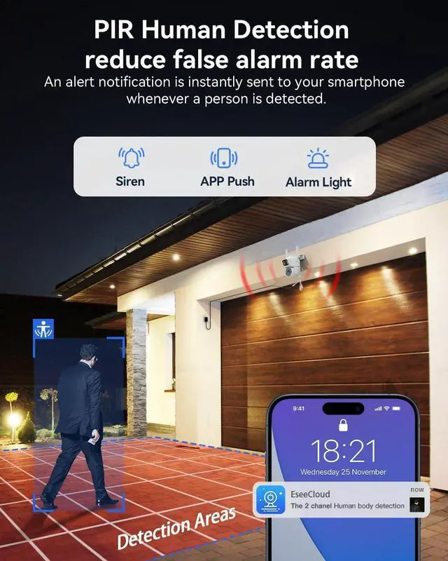 Alt view image 4 of 7 - Gadpiparty Wireless Security Camera System Outdoor, 2pcs 2K Dual Lens PTZ Auto Tracking Cameras for Home Security, 2.4G/5G WiFi, Color Night Vision, Human Detection, 10CH NVR with 500GB HDD