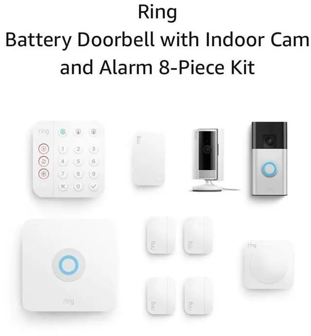 Main image of Battery Doorbell (Satin Nickel) with Indoor Cam (White) and Alarm 8-Piece (White)