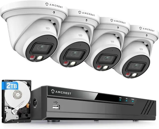 Main image of Amcrest 5MP Security Camera System, 4K 8CH PoE NVR, (4) x 5-Megapixel Night Color Turret POE IP Cameras, Active Deterrent, Pre-Installed 2TB Hard Drive, NV4108E-T1277EW4-2TB (White)
