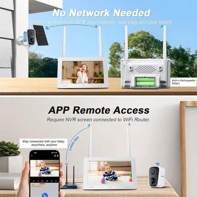 Alt view image 4 of 7 - SANSCO 2K Solar Wireless Security Camera System with 4CH 7" Touchscreen Monitor, 2PCS 4MP WiFi Battery Powered Camera Outdoor with 128GB SD Card, PIR Human Detection, 2-Way Audio, Color Night Vision