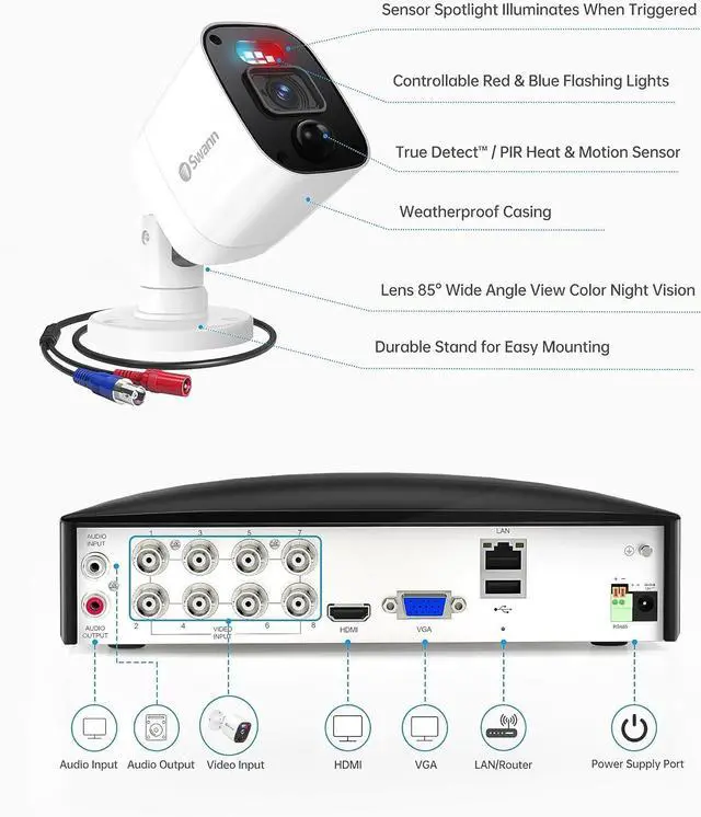 Alt view image 6 of 6 - Swann Home Security Camera, 1080p DVR Bullet Surveillance Cameras with 1TB HDD, 8 Channel 8 Cam, Indoor Outdoor Wired Surveillance Camera, WiFi Dongle, Color Night Vision, Heat Motion Detection, LEDs