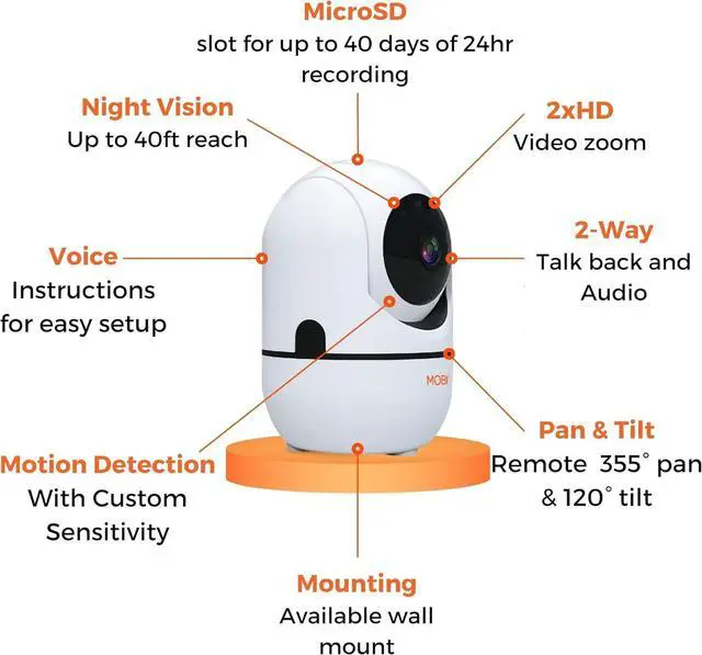Alt view image 3 of 7 - MobiCam HDX Wi-Fi Pan & Tilt Smart Nursery, Elderly & Home Monitoring Camera, 1080p HD Indoor Security Night Vision IP Camera, Motion Detection, Two-Way Audio, Cloud & SD Card Storage - (2-Pack)