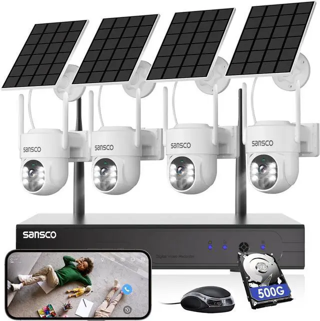 Main image of SANSCO 2K Wire-Free Solar Battery Powered Security Camera System, 10 Channel NVR Recorder with 500GB Hard Drive, (4) 4MP Outdoor WiFi Pan Tilt Zoom Camera with Solar Panel, 2 Way Audio, Remote Access