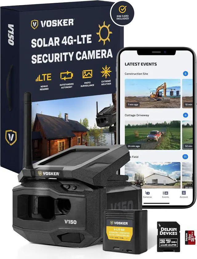 Main image of Vosker V150 Solar-Powered LTE Cellular Home Security Outdoor Camera | Motion Activated Sensor Nightvision Wireless Camera | Receive Photos on Your Mobile App (V150-US-MSD32GB)