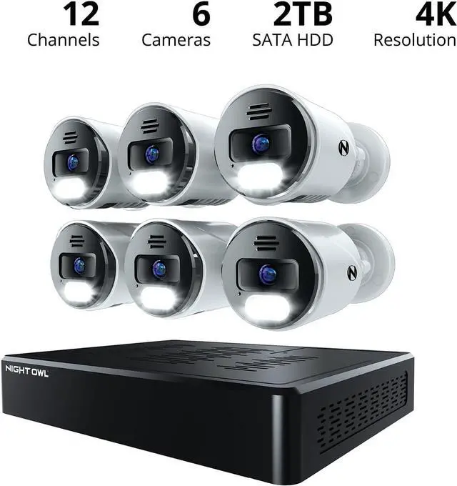 Alt view image 2 of 7 - Night Owl Power Over Ethernet 12 Channel NVR Video Home Security Camera System with (6) Wired IP 4K HD Indoor/Outdoor Deterrence Cameras and 2TB Hard Drive (Add up to 4 Wi-Fi Cameras)