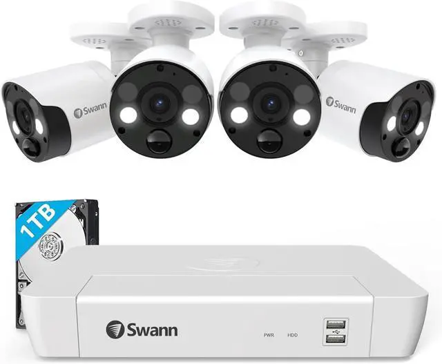 Main image of Swann Pro 4K Ultra HD Security Camera System, 8 Channel 4pcs PoE IP Cameras, Cat5e Wired NVR System with 1TB HDD, Color Night Vision, LED Light, True Detect, 24/7 Surveillance CCTV, Indoor/Outdoor