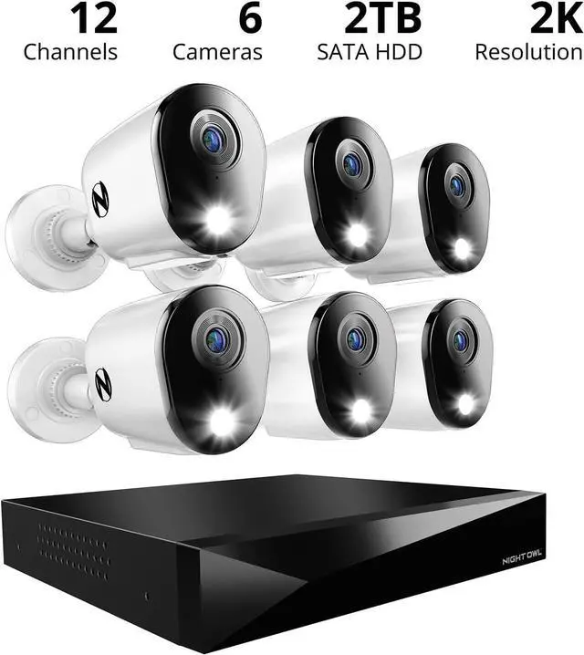 Alt view image 2 of 7 - Night Owl 2-Way Audio 12 Channel DVR Video Home Security Camera System with (6) Wired 2K HD Indoor/Outdoor Deterrence Cameras and 2TB Hard Drive (Add up to 4 More Wired and 4 Wi-Fi Cameras) (6 Camera)