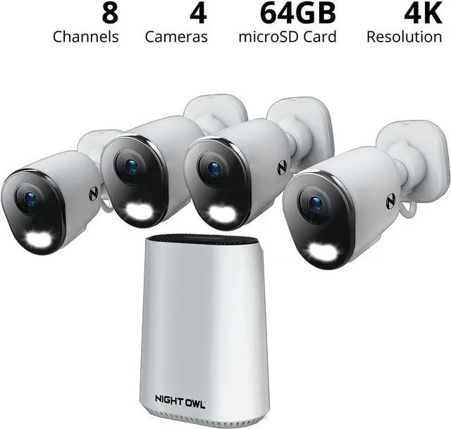 Alt view image 2 of 7 - Night Owl 8 Channel Wi-Fi Video Home Security Hub with (4) Plug-in Wi-Fi 4K HD Indoor/Outdoor Spotlight Cameras with 2-Way Audio and 64GB microSD Card (Expandable up to 8 Cameras)