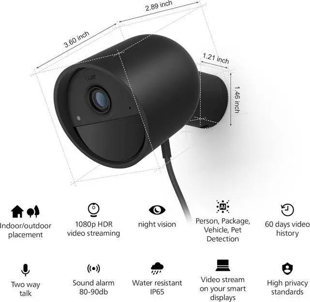 Alt view image 2 of 7 - Philips Hue Secure Wired Smart Home Security Camera, Black - 1 Pack - 1080P HD Video - Night Vision - Motion Detection - Two-Way Talk - Indoor/Outdoor - Weatherproof - Works with Hue App