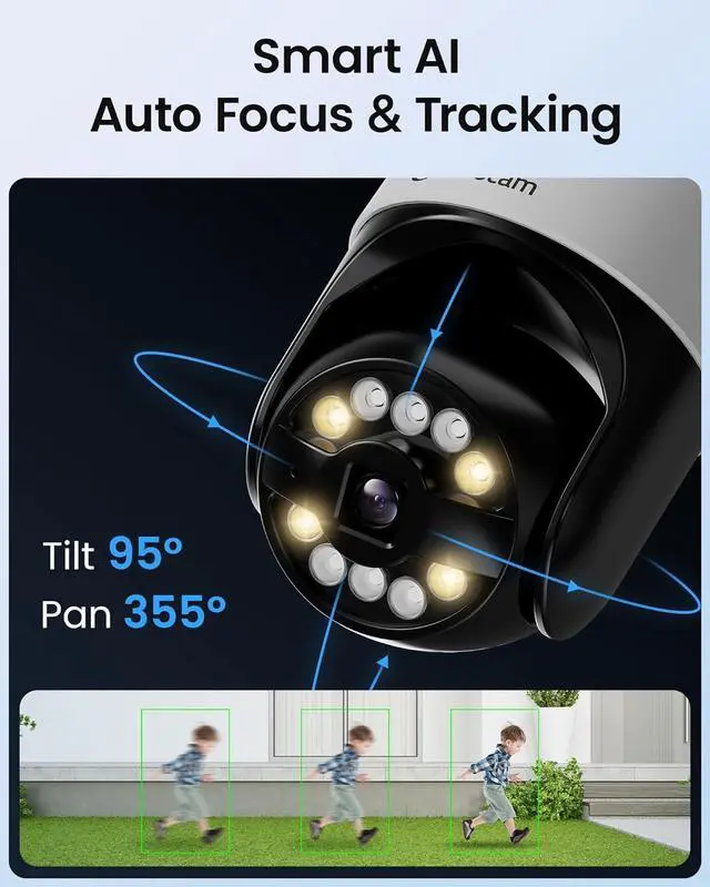 Alt view image 4 of 7 - 4K Wireless Security Camera System Wi-Fi 6, Color Night Vision, 355° Pan 95° Tilt, Light & Siren Alarm, Human Vehicle Detection, Two-Way Audio for Indoor Outdoor, 8CH NVR 1TB HDD Included