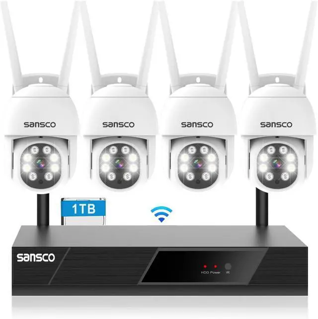 Main image of [Pan & Tilt] SANSCO 2K HD WiFi Security Camera System 1TB Hard Drive, 8CH NVR (4) 3MP Outdoor Waterproof Cameras, 2-Way Audio, Motion Alert, 24/7 Recording (Non Zoom)