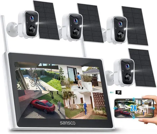 Main image of SANSCO 2K Wireless Security Camera System, 10CH 10" LCD Monitor NVR with Pre-Installed 128GB SD Card, 4PCS 4MP Solar WiFi Camera Outdoor, PIR Human Detection, 2-Way Audio, Color Night Vision