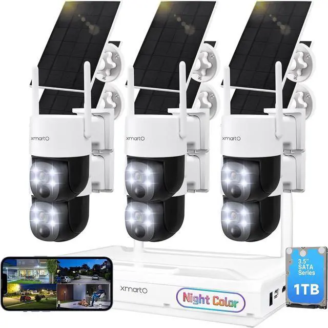 Main image of xmartO [Night Color] 6-Cam 2K HD Wireless Solar Security Camera System with Starlight Color Night Vision, PTZ Control, Long Range WiFi6, Easy Mobile View, 0 Monthly Fee, 1TB HDD