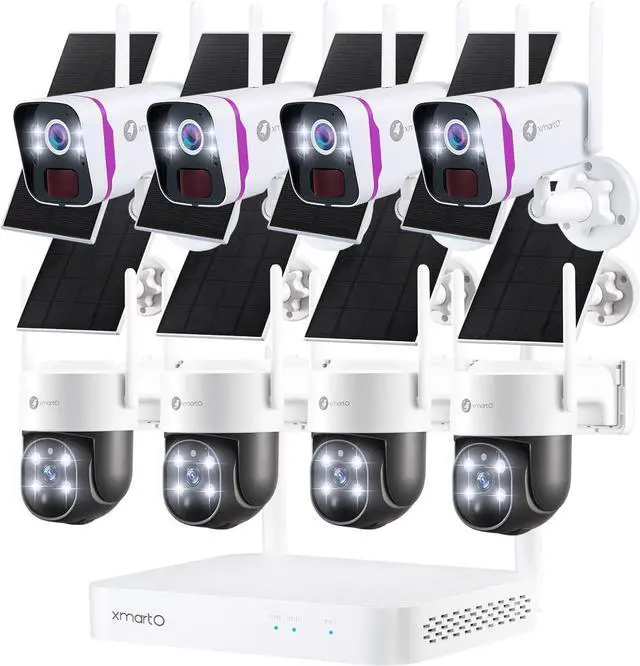 Main image of XMARTO 100% Wire-Free Solar PTZ Home Security Camera System Wireless, 4-Set 2K 4MP PTZ CCTV Camera Kit with 4K 10CH Expandable WiFi NVR + 4PCS 4MP Solar Battery WiF Cameras