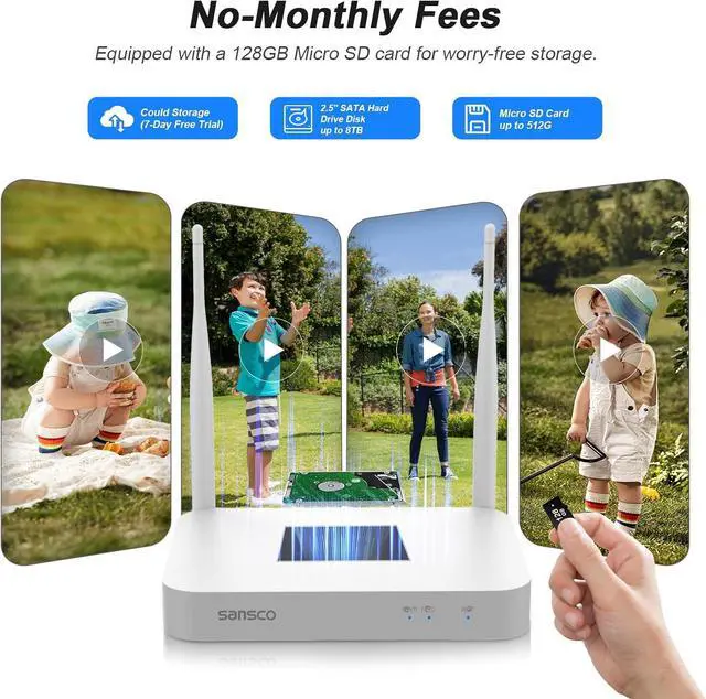 Alt view image 7 of 7 - SANSCO Wireless Security Camera System, Solar-Powered 4MP 6 Cam-Kit, Color Night Vision, 2.4G & 5G WiFi, 128GB Local Recording, No Subscription