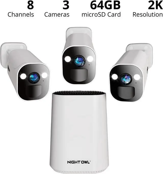 Alt view image 2 of 7 - Night Owl 8 Channel Wi-Fi Video Home Security Hub with (3) Battery-Powered Wi-Fi 2K HD Indoor/Outdoor Spotlight Cameras with 2-Way Audio and 64GB microSD Card (Expandable up to 8 Cameras)