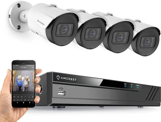Main image of Amcrest 5MP Security Camera System, 4K 8CH PoE NVR, (4) x 5-Megapixel 2.8mm Wide Angle Lens Weatherproof Metal Bullet POE IP Cameras, Hard Drive Not Included, NV4108E-B1186EW4 (White)