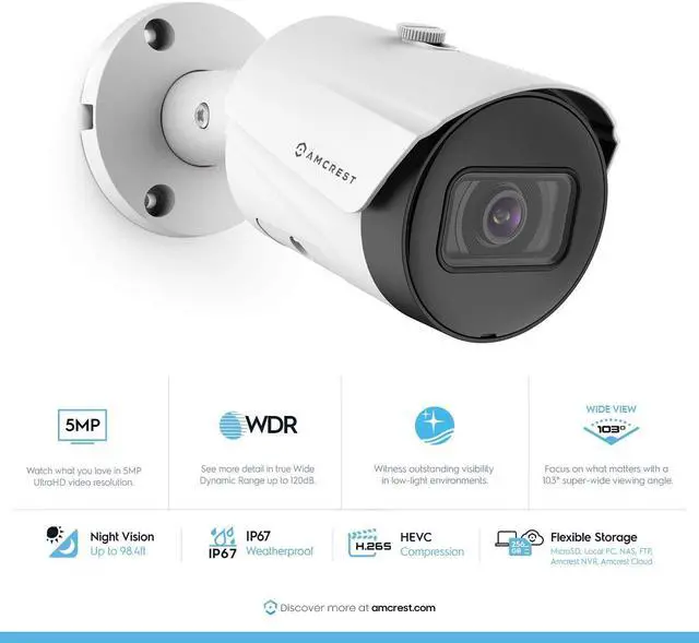 Alt view image 4 of 7 - Amcrest 5MP Security Camera System, 4K 8CH PoE NVR, (4) x 5-Megapixel 2.8mm Wide Angle Lens Weatherproof Metal Bullet POE IP Cameras, Hard Drive Not Included, NV4108E-B1186EW4 (White)