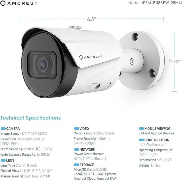 Alt view image 5 of 7 - Amcrest 5MP Security Camera System, 4K 8CH PoE NVR, (4) x 5-Megapixel 2.8mm Wide Angle Lens Weatherproof Metal Bullet POE IP Cameras, Hard Drive Not Included, NV4108E-B1186EW4 (White)
