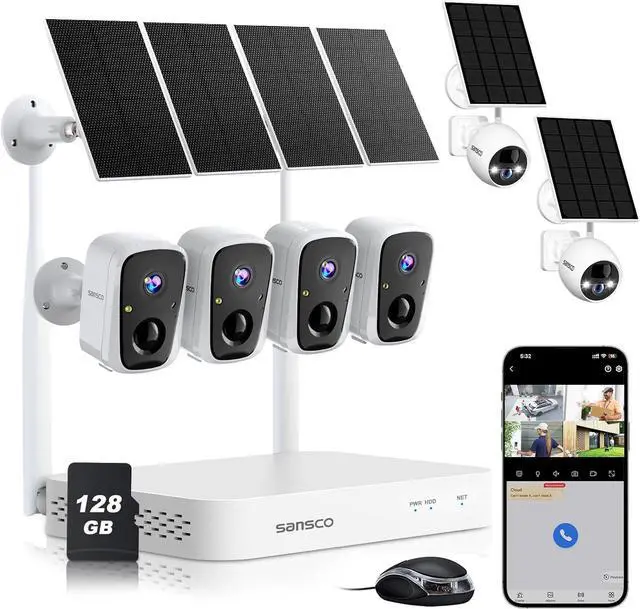 Main image of SANSCO Wireless Security Camera System, Solar-Powered 4MP 6 Cam-Kit, Color Night Vision, 2.4G & 5G WiFi, 128GB Local Recording, No Subscription