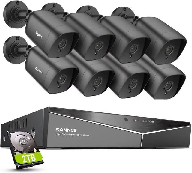 Main image of SANNCE 1080P CCTV Camera System, 5 in 1 DVR Hybrid Digital Video Recorder Compatible with TVI AHD CVI CVBS Analog IP Cameras, 8 IP66 Outdoor Security Camera, 2TB Hard Drive