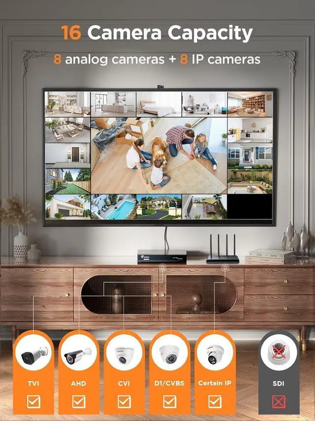 Alt view image 2 of 7 - TIGERSECU Ultra HD 5MP 8 Channel Hybrid Security DVR/NVR with 4TB Hard Drive, Expandable to 16 Cameras, 6-in-1 Home Surveillance Recorder for 8 Analog, TVI, AHD, CVI, RS485 PTZ and 8 IP Cameras