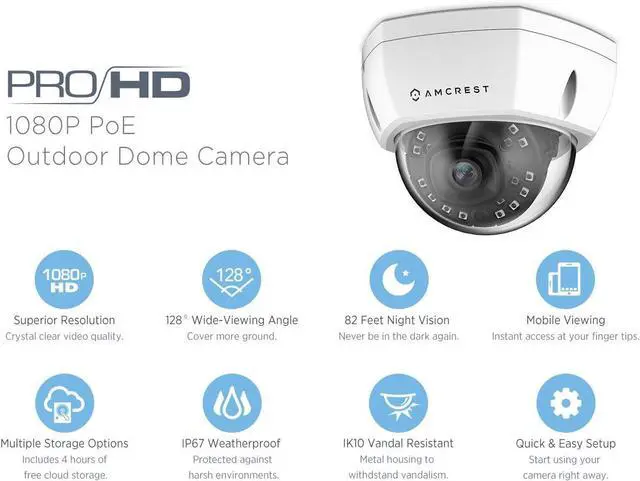 Alt view image 2 of 7 - Amcrest ProHD Outdoor 1080P POE Dome IP Security Camera - IP67 Weatherproof, 1080P (1920 TVL), IP2M-844E (White)