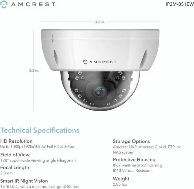 Alt view image 6 of 7 - Amcrest ProHD Outdoor 1080P POE Dome IP Security Camera - IP67 Weatherproof, 1080P (1920 TVL), IP2M-844E (White)