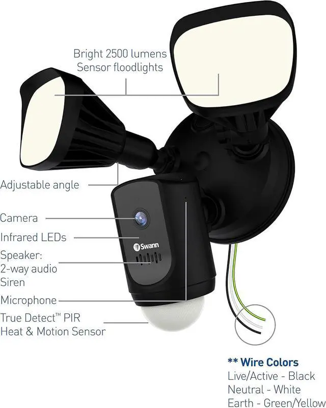 Alt view image 2 of 6 - Swann Floodlight Security Camera w/Dimmable Motion Lighting, 2 Way Talk, Wi-Fi Surveillance 1080p HD, Indoor/Outdoor Color Night Vision, True Detect Heat Sensing, Alexa/Google, Black, SWWHD-FLOCAMB