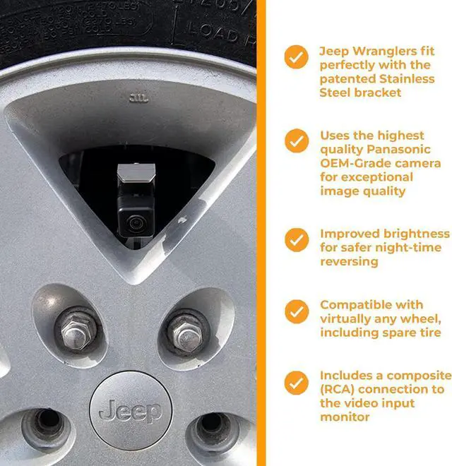 Alt view image 3 of 3 - Brandmotion SummitView Adjustable Rear Vision System with Panasonic OEM-Grade Camera Compatible with Jeep Wrangler JK/JL with Aftermarket Display - Stainless Steel Tire Bracket - No Dealer Activation