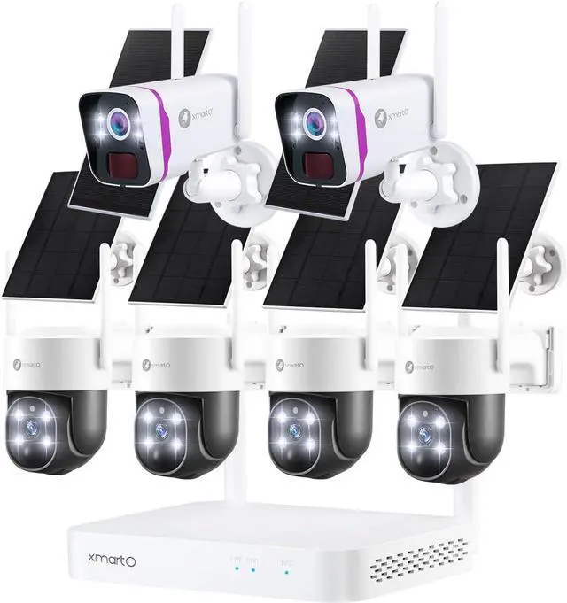 Main image of XMARTO 100% Wire-Free Solar PTZ Home Security Camera System Wireless, 4-Set 2K 4MP PTZ CCTV Camera Kit with 4K 10CH Expandable WiFi NVR + 2PCS 4MP Solar Battery WiF Cameras