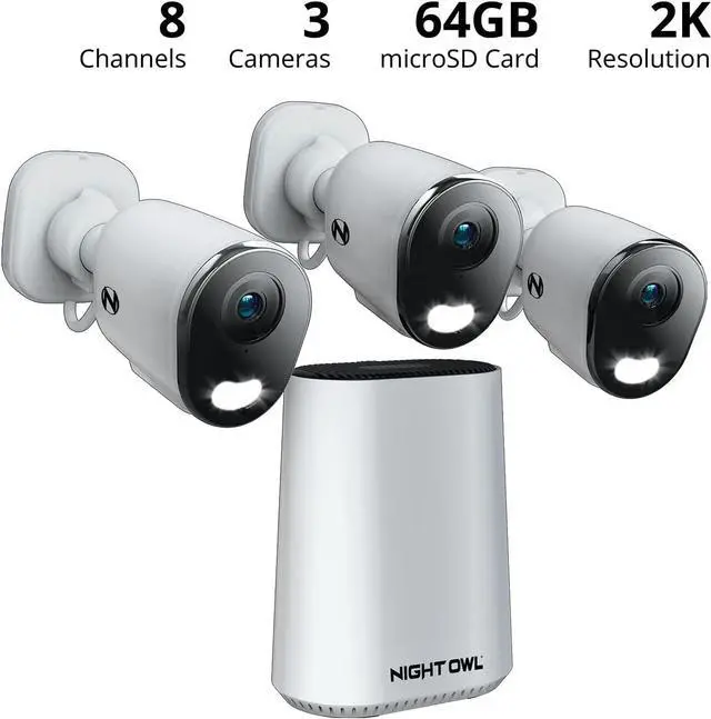 Alt view image 2 of 7 - Night Owl 8 Channel Wi-Fi Video Home Security Hub with (3) Plug-in Wi-Fi 2K HD Indoor/Outdoor Spotlight Cameras with 2-Way Audio and 64GB microSD Card (Expandable up to 8 Cameras)