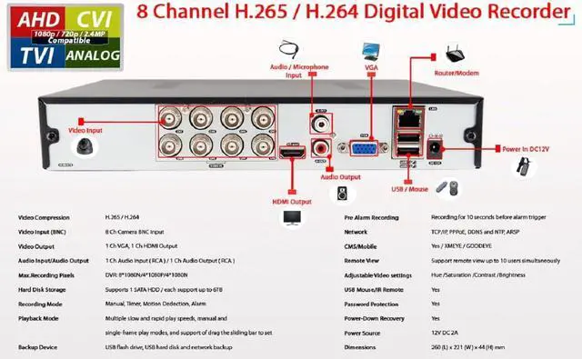 Alt view image 3 of 5 - Evertech 8 Channel 1080P HD Indoor Outdoor Fixed Lens 4 Camera Security Surveillance System 2TB HDD