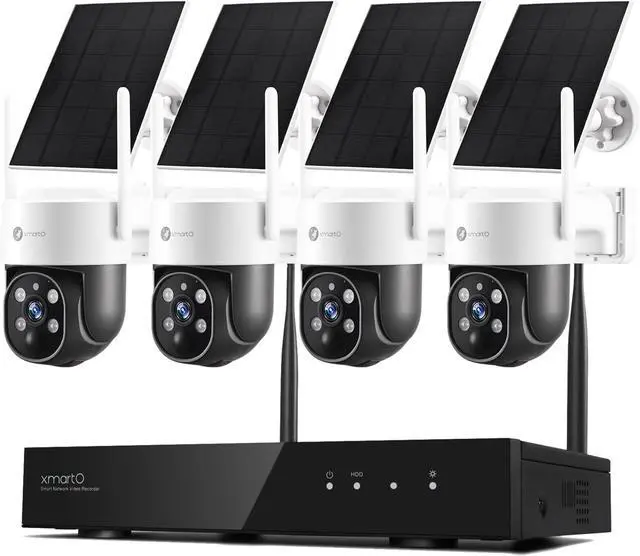 Main image of XMARTO Wire-Free PTZ Solar Home Security Camera System Wireless, 4-Set 2K 4MP QHD CCTV Camera Kit with 4k 10CH Expandable Wi-Fi 6 NVR, All-Weather Solar Charge