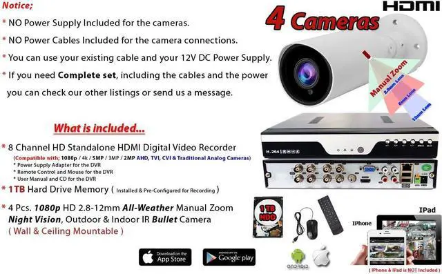 Alt view image 2 of 7 - Evertech 8 Channel Surveillance System w/ 1TB Hard Drive and 1080p Indoor Outdoor IR Bullet Security Cameras