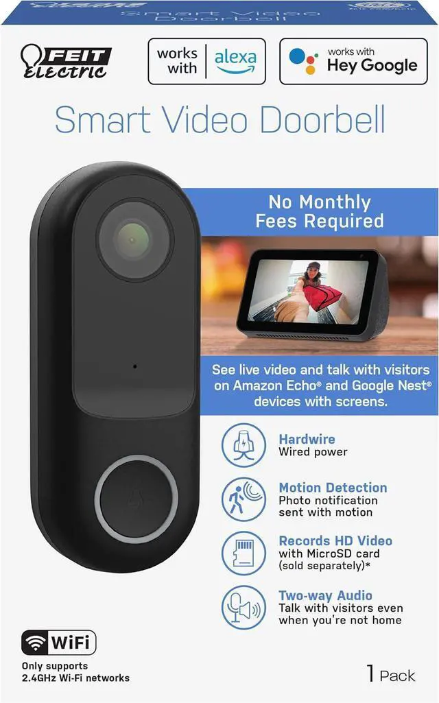 Alt view image 3 of 7 - Feit Electric Doorbell Camera, Wireless Video Doorbell, 2.4 GHz WiFi, No Hub, Two-Way Audio, Motion Detection, Night Vision, 1080p HD, Micro SD Card Storage, Hardwired, CAM/Door/WiFi