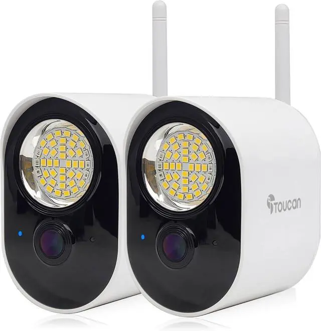 Main image of TOUCAN Spotlight Outdoor Home Security Camera, Wired, Night Vision, Motion Sensor, 2-Way Audio, Alexa & Google, No Subscription 2-Pack