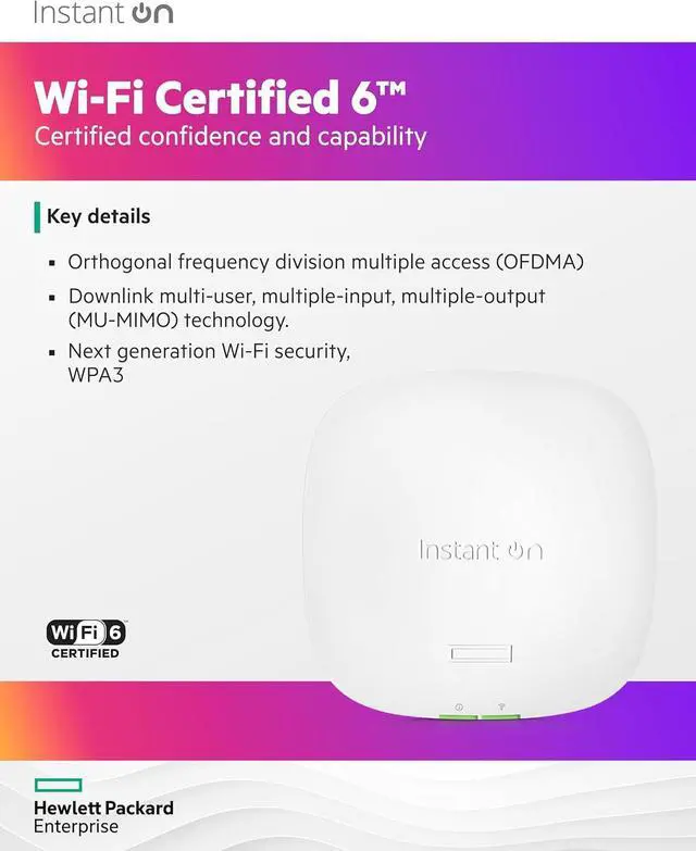 Alt view image 4 of 7 - HPE Networking Instant On Access Point AP22 2x2 WiFi 6 Indoor Wireless Access Point | Long Range, Secure, Smart Mesh Support | Power Source Included | US Model (R6M49A)