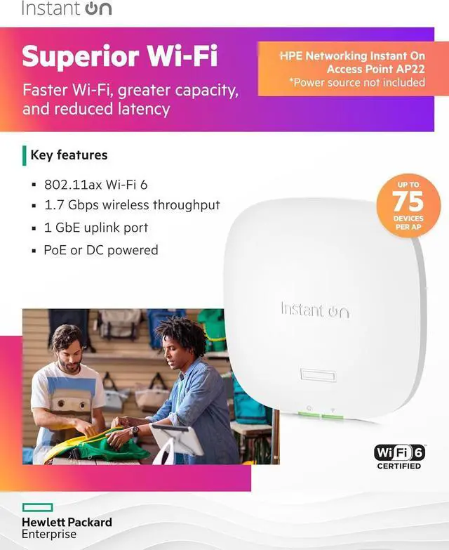 Alt view image 3 of 7 - HPE Networking Instant On Access Point AP22 2x2 WiFi 6 Indoor Wireless Access Point | Long Range, Secure, Smart Mesh Support | Power Source Not Included | US Model (R4W01A)