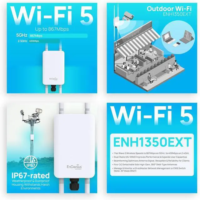Alt view image 2 of 7 - EnGenius ENH1350EXT Wi-Fi 5 AC1300 Outdoor Access Point - IP67 Weatherproof, Dual-Band Long Range Extender, MU-MIMO, PoE Injector & Mounting Kit Included