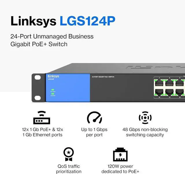Alt view image 2 of 7 - Linksys LGS124P 24 Port Gigabit Unmanaged Network PoE Switch with 12 PoE+ Ports @ 120W for Business, Office, IP Surveillance - Ethernet Switch Hub with Metal Housing